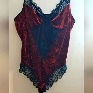 Velvet Lace Bodysuit - Red and Black